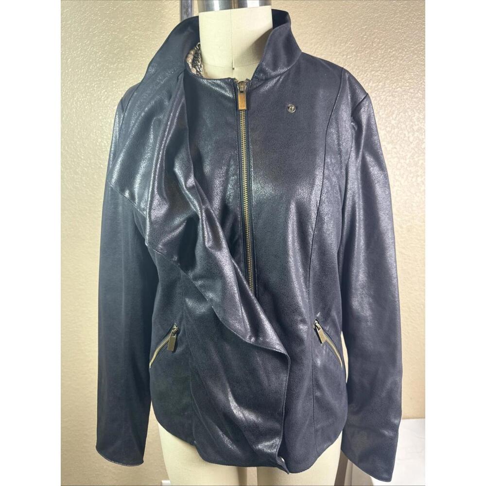 Iman Women's black Lined Jacket Metallic Sheen Plus Size Moto Style Size M